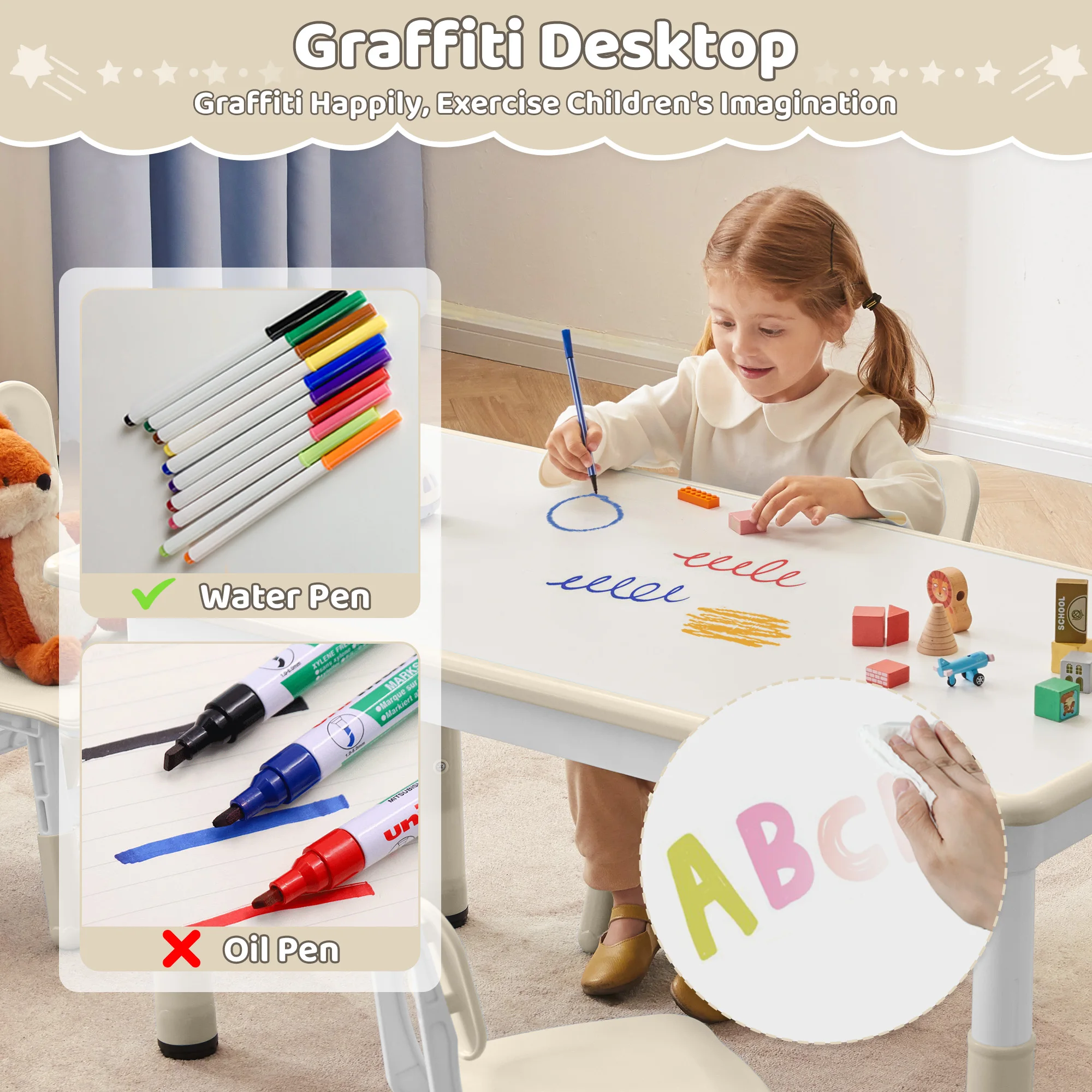 Kids Table 31.5" × 23.6", 7-Level Height Adjustable Toddler Activity Table, Graffiti-Proof Plastic Desk for Ages 3-8, Home & Daycare - view 3
