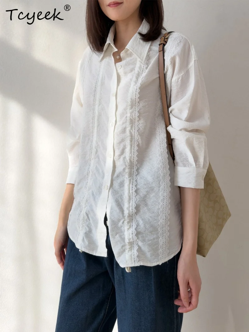 Tcyeek 76% Real Silk Shirts for Women 2026 Spring Autumn French-style Drawstring Lace White Blouse Woman Clothes Рубашка Женская