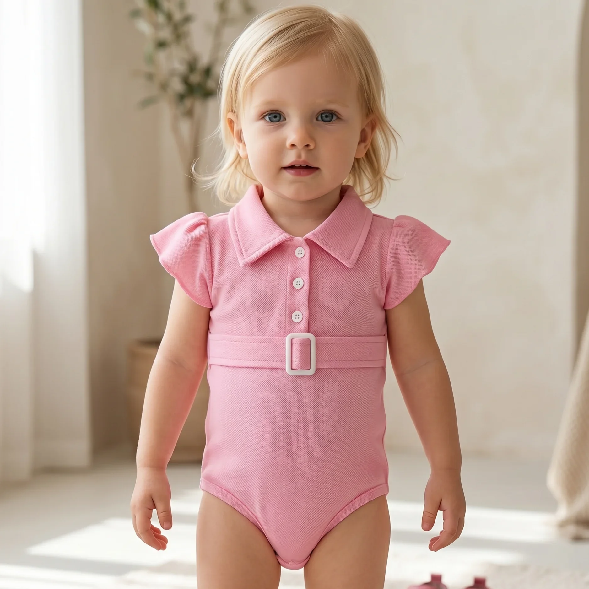 Newborn Baby Summer Solid Color Lapel Onesie Clothes Girls Flutter Sleeve Triangle Jumpsuit College Style Set Suitable for 0-18M