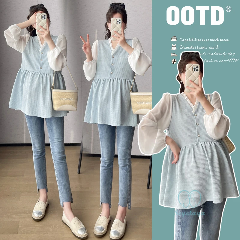 V Neck Patchwork Maternity Blouses 2024 Spring Korean Fashion Shirts Clothes for Pregnant Women Pregnancy Tunic Tops