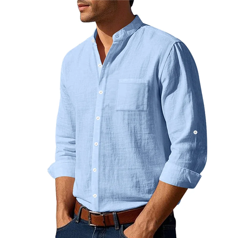 ABRT-Men Cotton Linen Shirt Long Sleeve Collarless Casual Button Down Shirt Breathable Beach Tops