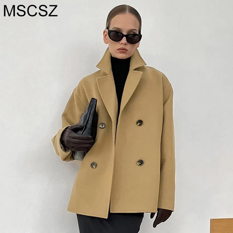 MSCSZ Brown Double Breasted Blazer Jacket Women Notched Lapel Long Sleeve Wool Blends Coat Autumn Winter Elegant Jacket 2024