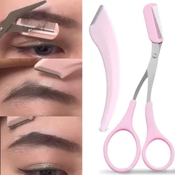 2pcs/set Eyebrow Trimming Knife with Comb Eyebrow Face Shaping Razor Stainless Steel Scissors Brow Trimmer Scraper Makeup Tools