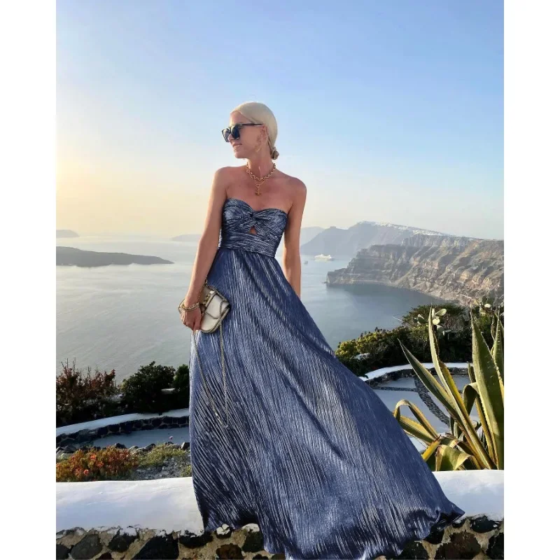 

Spring/Summe RWomen's Chest Wrapping Sleeveless Solid Color Gold Plated Skirt Dress Leisure Holiday Party Women's Long Dress