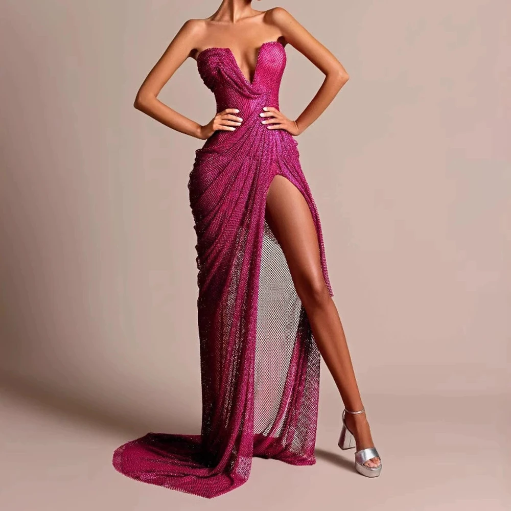 

Hot selling bandage sequins high slit tube top dress V-neck hip-wrapped mesh see-through slim evening dress-GZXX809