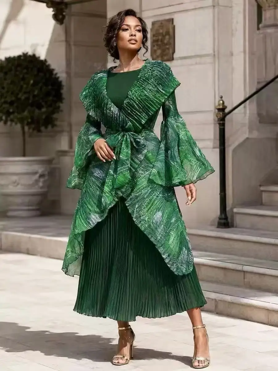 Miyake New African Pleated Suit Fashion Printed Lace-up Dress Two-piece Suit Women's Clothing