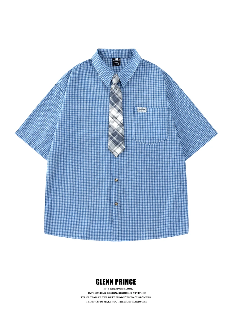 

Мужская летняя рубашка в синюю клетку с коротким рукавом, новая модель, универсальная, свободного кроя, для школы, из дышащего хлопка, комфортная