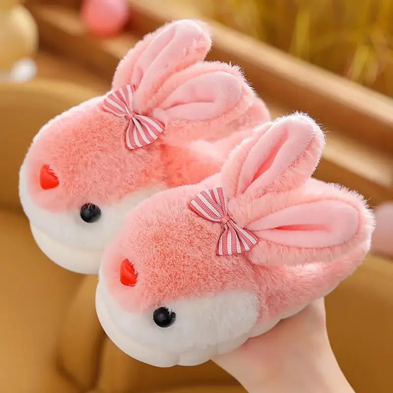 New Winter Cute Rabbit Toe Wrap Children\'s Fluffy Slippers For Girls Kids Slides Home Indoor Floor Non-Slip Warm Cotton Shoes