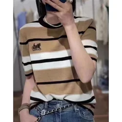 2024 Women's Spring/Summer New Korean Fashion Embroidered Short Sleeve O-Neck Slim Fit Cashmere Color Block Top