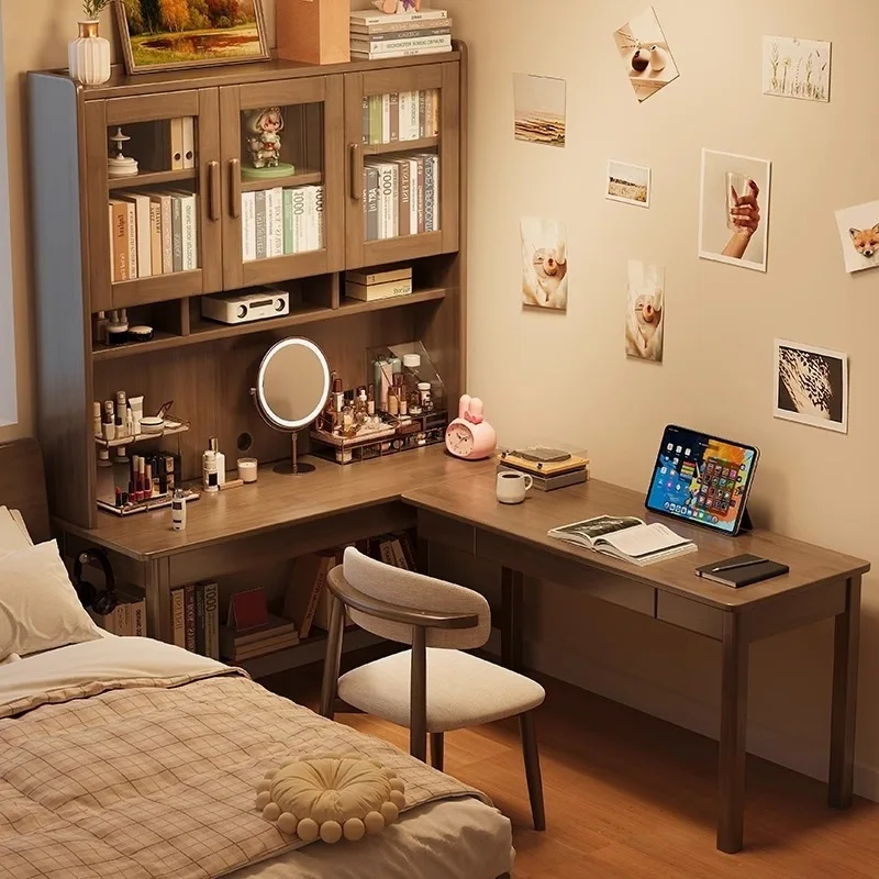 Solid wood corner desk bookshelf integrated, study table bedroom corner against the wall