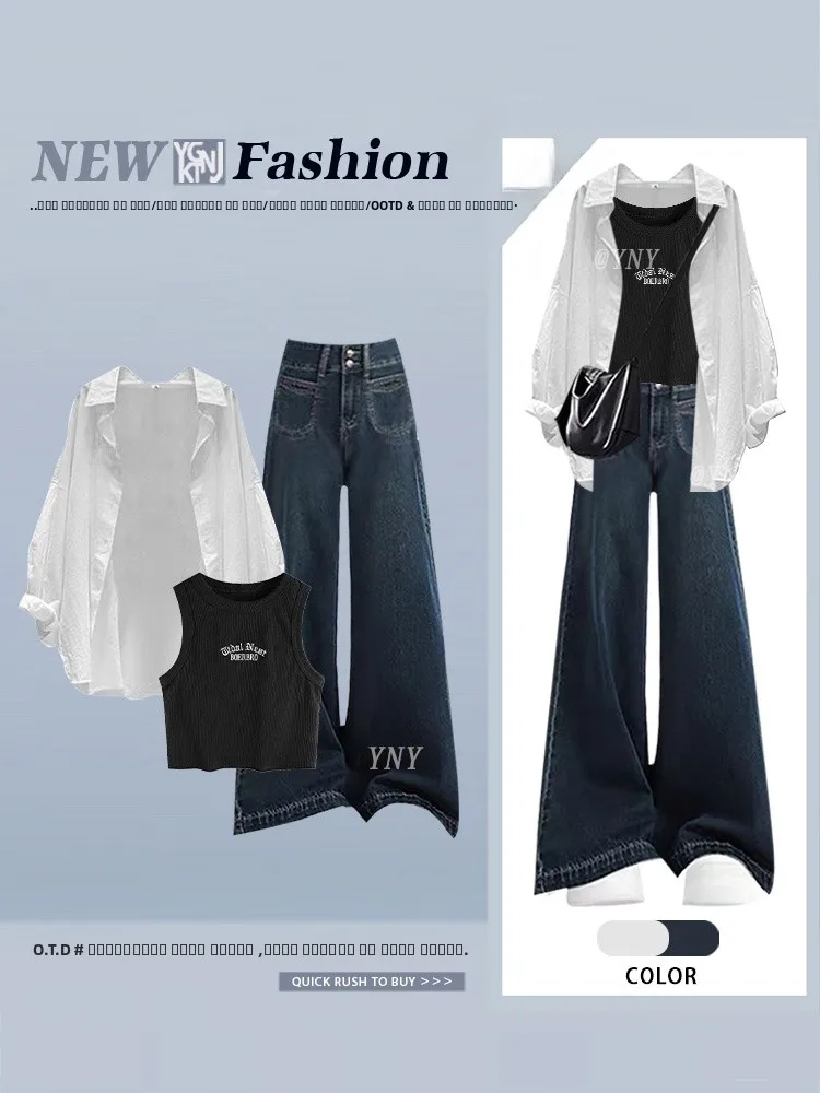 

Женский комплект из футболки и джинсов Sli Lazy Sle, осенний комплект с длинным воротником свека, повседневная одежда с эффектом похудения