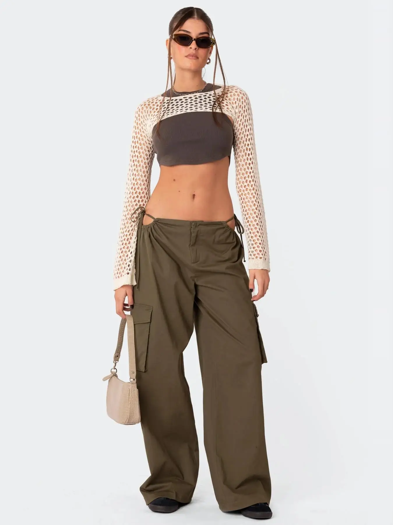 

Low Waist Hollow out Parachute Loose Casual Pants Street Sle Polyester Fiber Straight Leg Trousers for Women