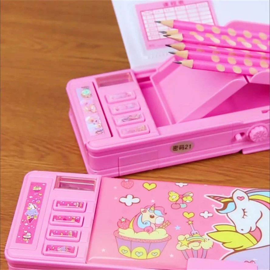 Estuches de lápices con contraseña, Estuche de unicornio para niñas, Estuche Escolar, papelería coreana, caja grande de deformación Linda