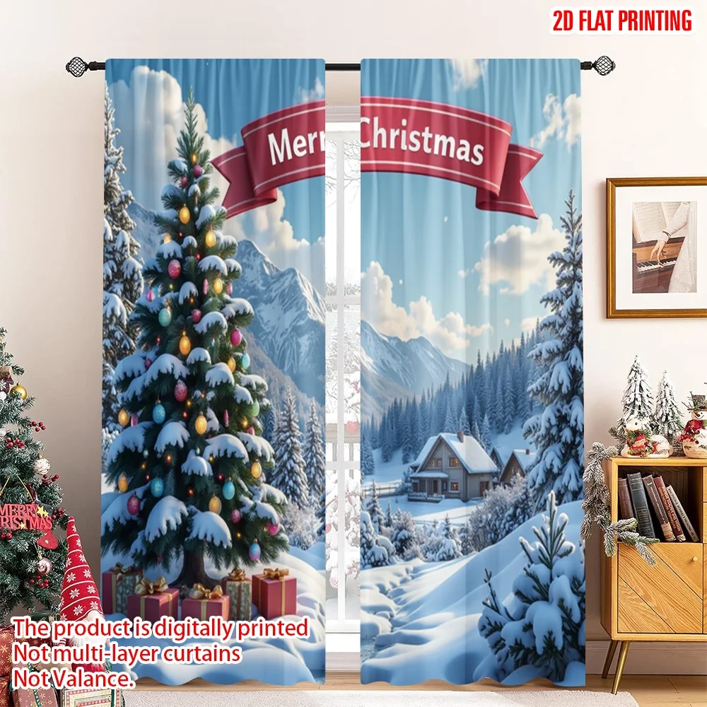 

2pcs 2D flat printing Merry Christmas Scene Curtains Merry Christmas Santa Village Gifts 100% Polyester Without Electricity