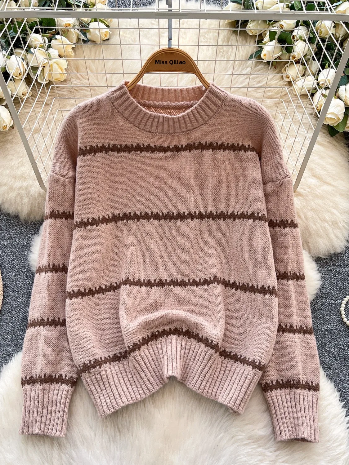 

Повседневный свободный женский трикотаж, круглый полосатый свитер, удобный дышащий осенний модный утягивающий универсальный длинный слэ...