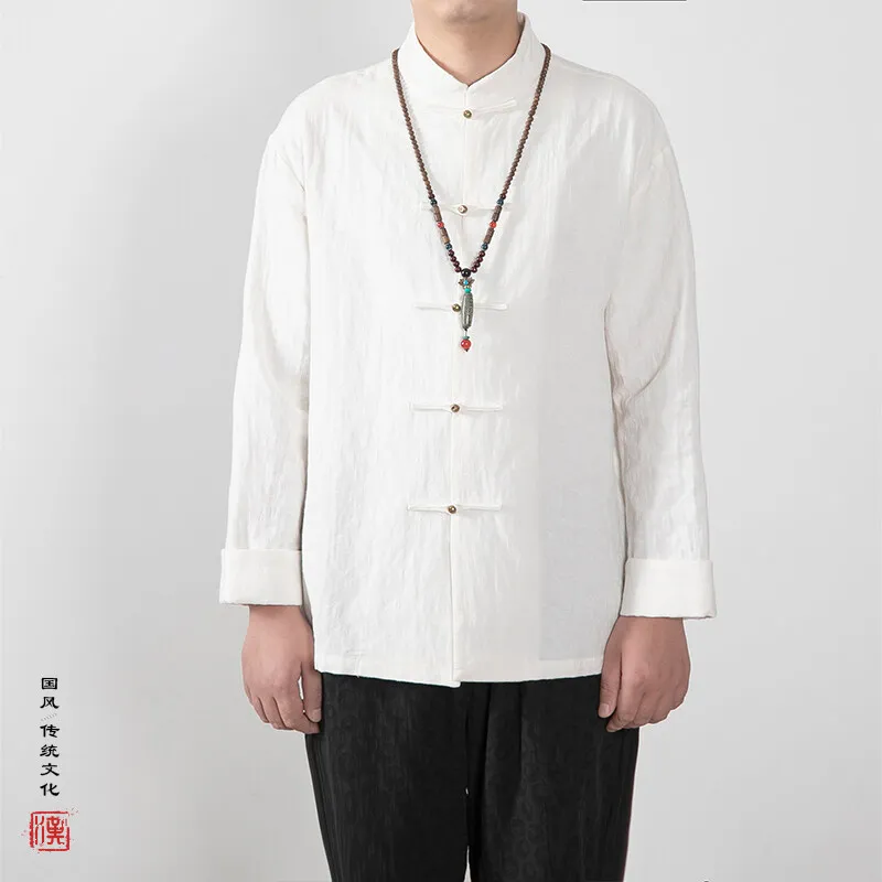 

2025 White Chinese Jacquard Shirts Mens Kung Fu Shirt Retro Top Blouse Men Harajuku Style Casual Loose Japanese Kimono Shirt