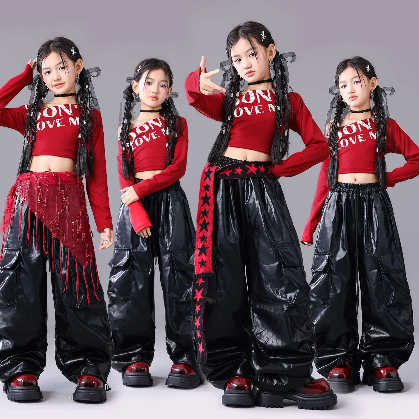 

Джазовый наряд для девочек Kpop, танцевальный сценический наряд, красный укороченный топ, черные танцевальные брюки, детский школьный наряд для шоу, одежда для уличных танцев в стиле хип-хоп 3136