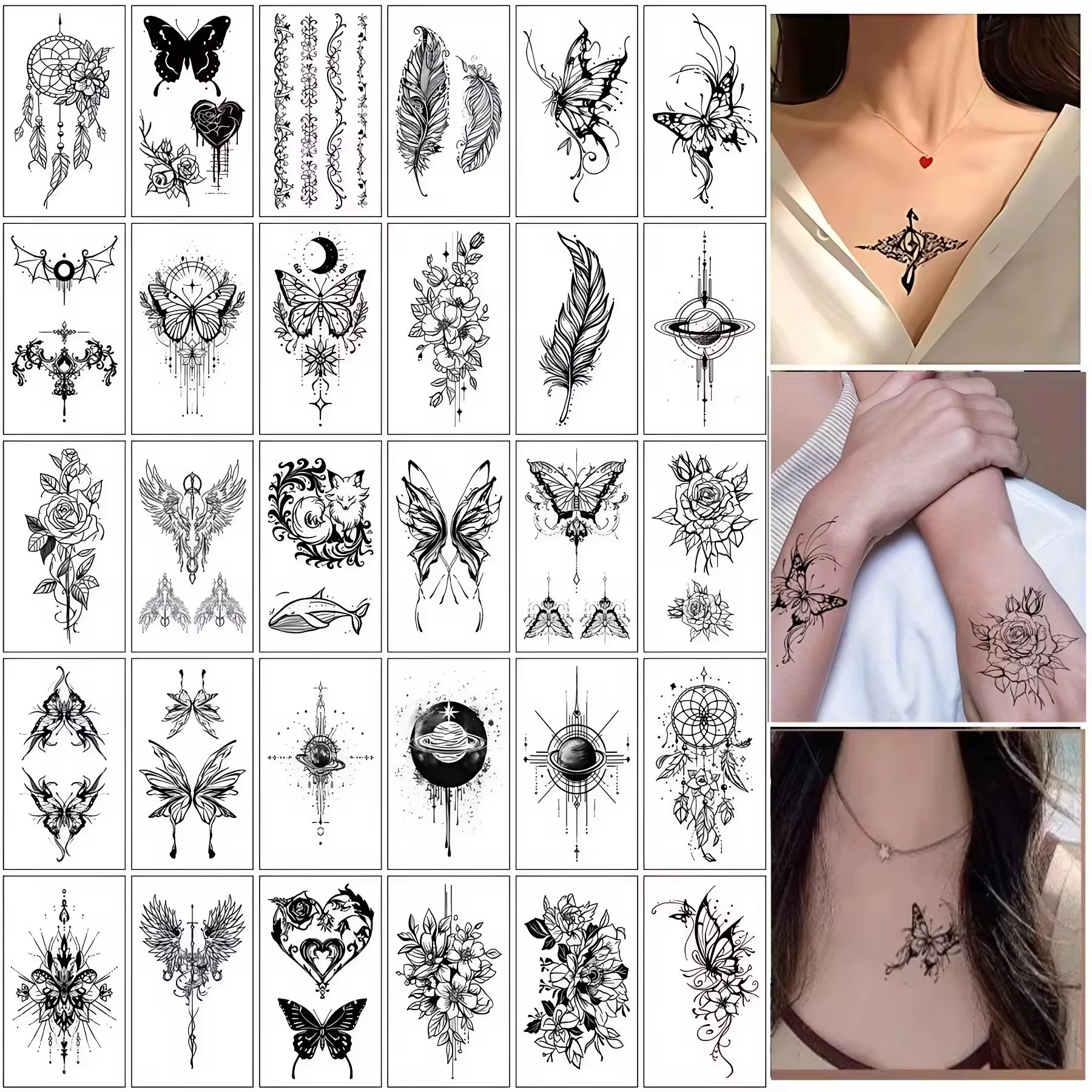 30pcs/set Black Tattoos Stickers Viking Tribal Universe Butterfly Feather Bat Tattoo Adhesive for Women Men tatouage ephemere