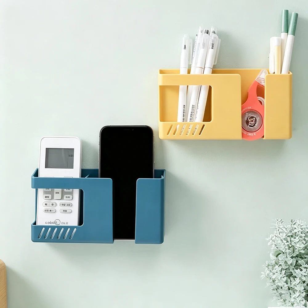Punch Free Wall Mount Storage Holder Self Adhesive Remote Organizer Dual Grid Phone Stationery Rack Home Office Wall Storage Box