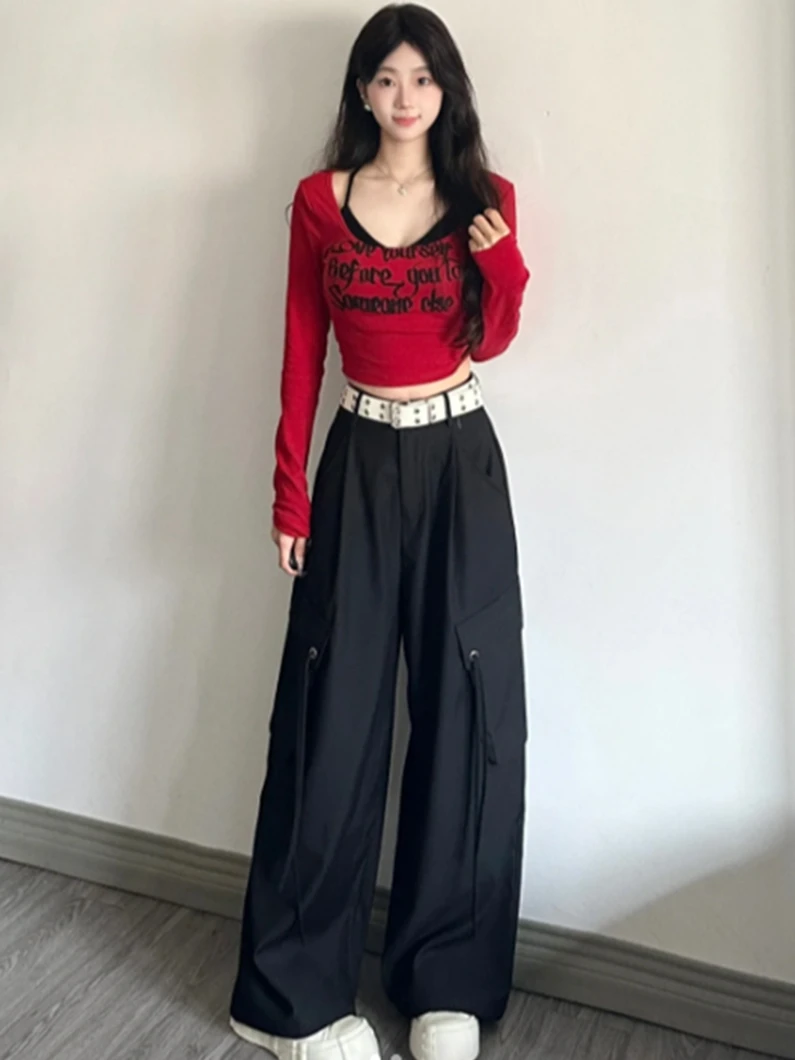 Pure Desire Floral Print T-Shirt Women\'s Set Spring Autumn New Style Spicy Girl Clothing Strap Design Belly Baring Short Top