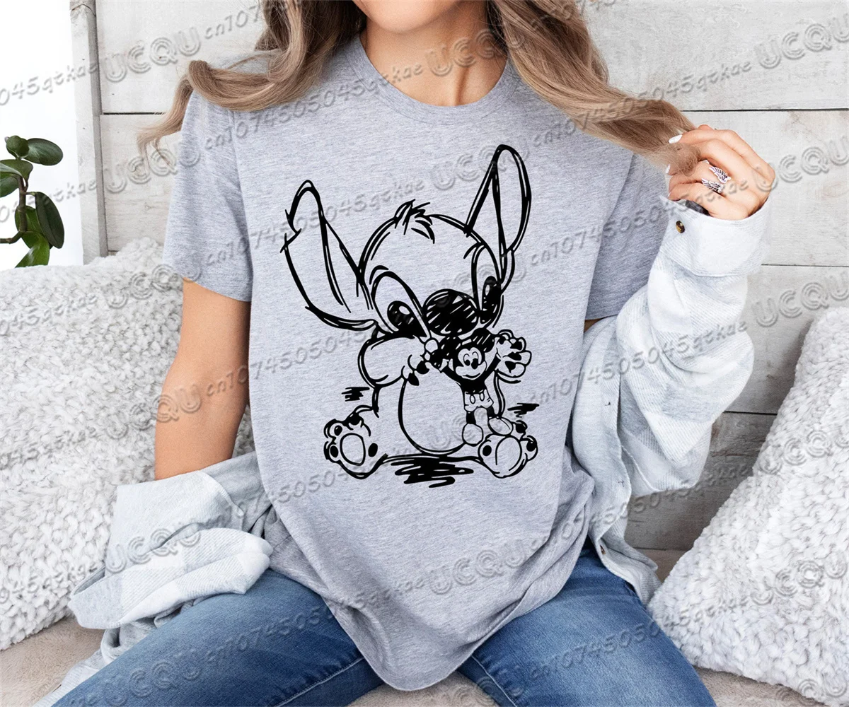 

Stitch Disney&Mickey Printed Cotton T-shirt Cute Stitch Shirt Summer Women's Travel Leisure Vacation Tee Family Party Top