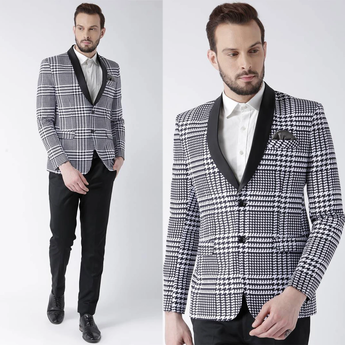 

Houndstooth Groom Wear Wedding Suits Shawl Lapel Tuxedos Slim Fit Male Fashion Blazer Tailore Made 2 Pieces Coat With Pants