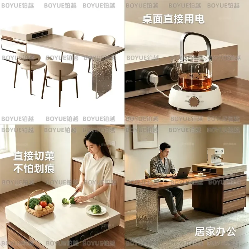 Medieval Style Retractable Dining Table with Stone Rock Slab Top Multi Functional Kitchen Island Center Piece for Modern Home