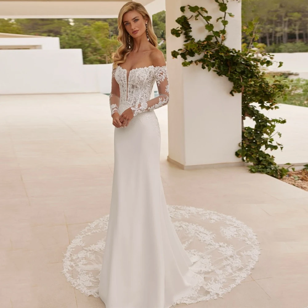 تخصيص المرأة غمد فستان الزفاف الرسمي قبالة الكتف الدانتيل يزين قطار المحكمة طويلة الأكمام مثير فستان زفاف بدون حمالات #1