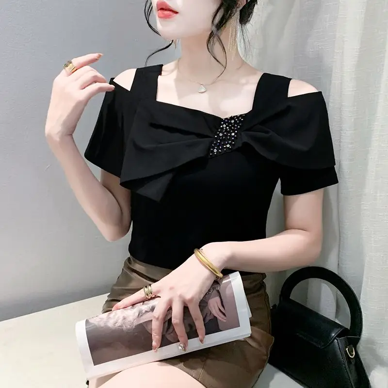 2024 Summer New Sexy Slash Neck Off-shoulder Women's T-shirt  European Ruffle Edge Beaded Short Sleeves Versatile Trendy Top