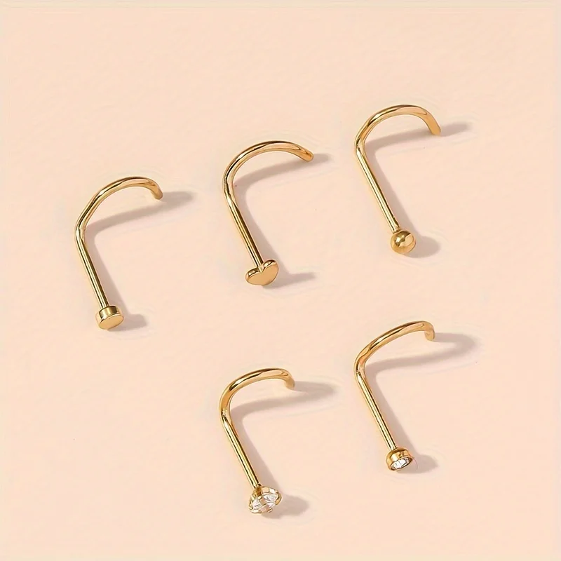 1pcs Stainless Steel Nose Nails Round Cubic Zirconia Nose Studs Piercing Jewelry Bend Rod Earrings Heart-Shaped