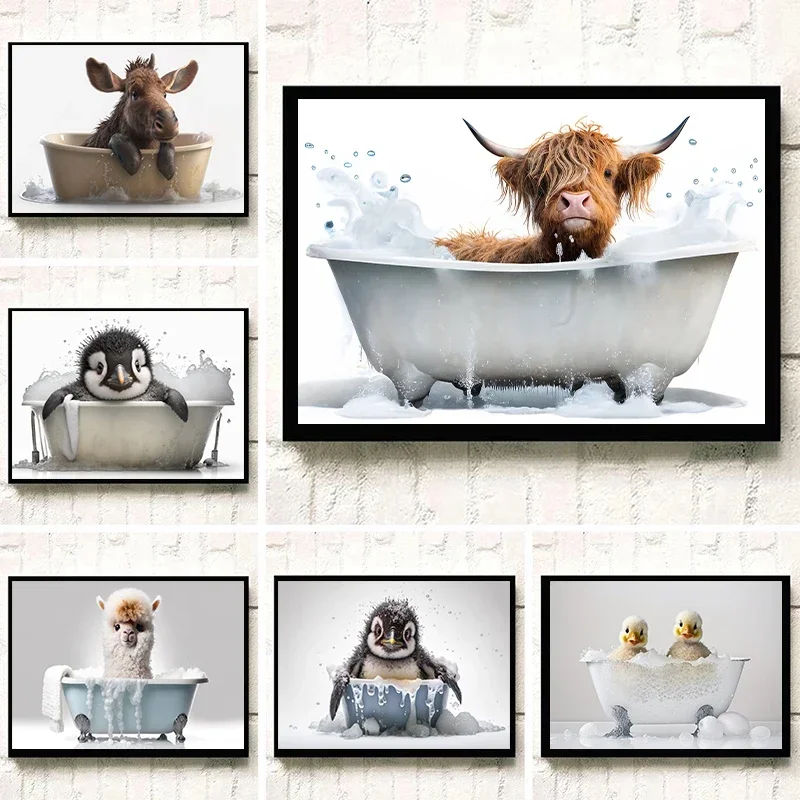 2026 classic Abstract Beautiful Cute Animals lion Calf and Duck Bathtub bath Posters Canvas Prints Art Home Room Bathroom Wall D
