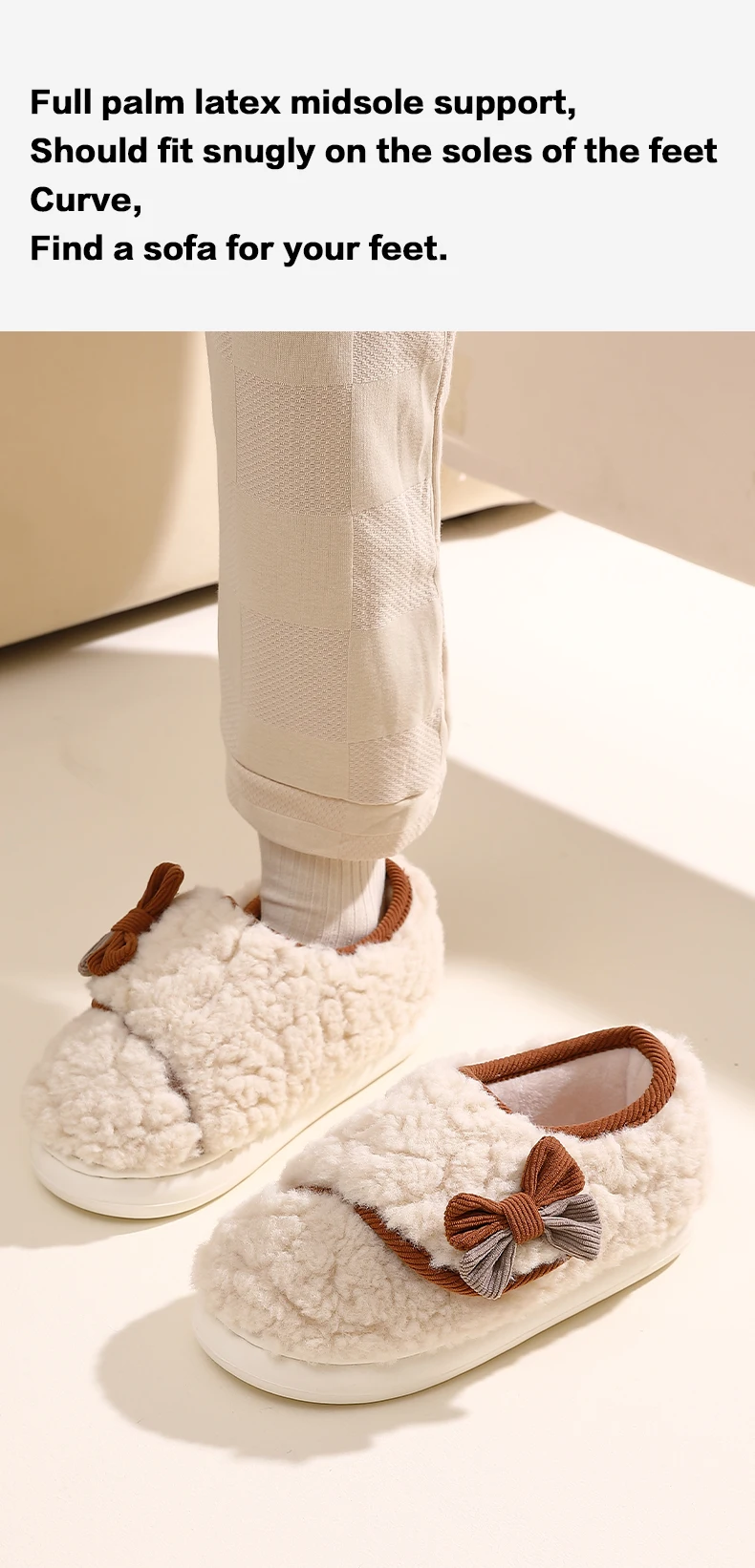 Niedliche Schleifen-Winterhausschuhe für Damen, flauschige Lammfell-Hausschuhe, weiche Plüsch-Warmstiefel mit vollständiger Fersenumhüllung, dicke Sohle, Indoor-Mules. – Detail 7