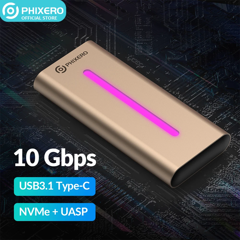 Phixero metal rgb m2 nvme ssd gabinete externo tipo de caso-c 10gb usb 3.1 hd disco rígido capa caixa de armazenamento para computador portátil notebook