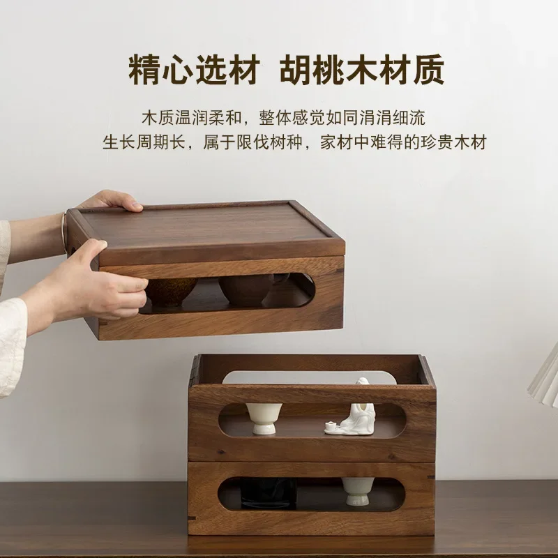 Walnut wood desktop storage box, solid wood stackable multi-layer cultural antique tea set, water cup storage box rack