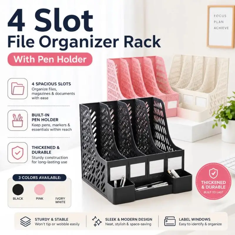 New 4 Column File Data Storage Rack PP Material Multi-functional Books Pencil Storage Office Stationery Large Capacity