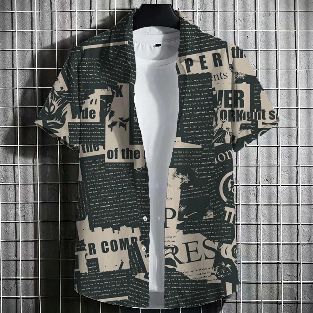 Fashion Newspaper Pattern 3D Printed Men Shirt Man/Women Casual Short Sleeves Shirts Button Lapel Tops Oversized Unisex Clothing