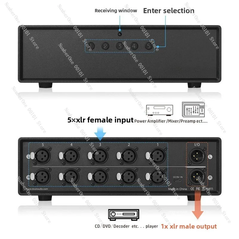 MC105 Manual 5-Way Balanced XLR Audio Switcher Box, 1-IN-5-OUT / 5-IN-1-OUT Amplifier Signal Selector Splitter