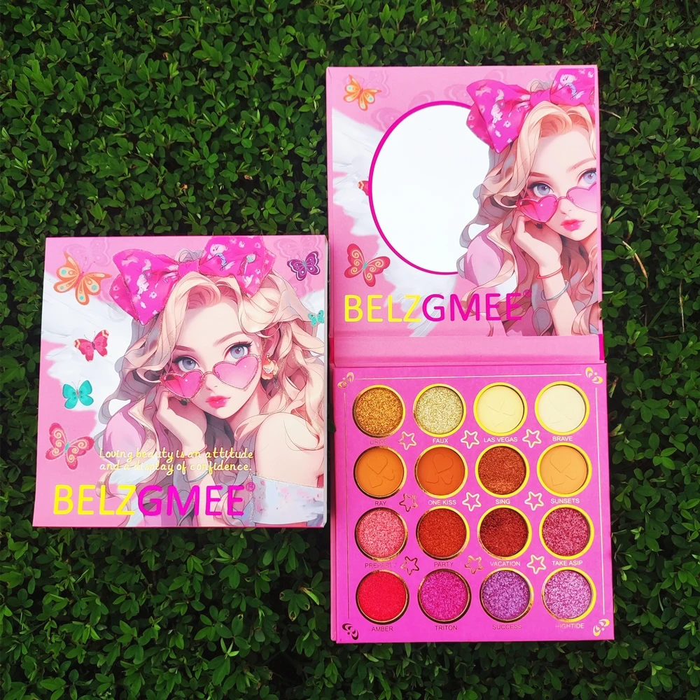 BELZGMEE 16 Colors Portable Matte Eyeshadow Palette Book with Mirror Butterfly Girl Glitter Blush Makeup for Body Face Eyes