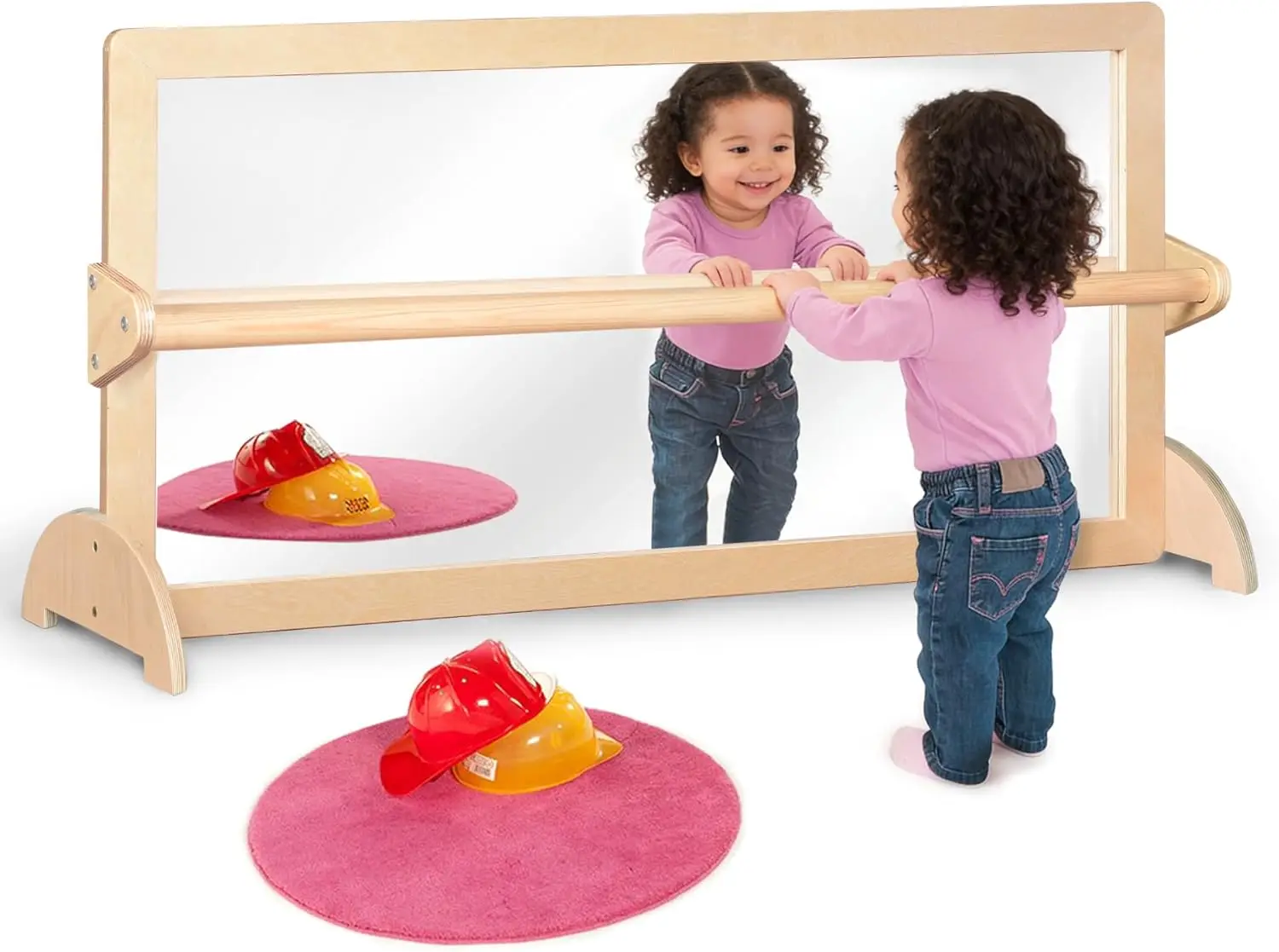 3-Position Montessori Wood Frame Safety Pull Up Bar with Mirror Set for Baby Coordination, Daycare Furniture