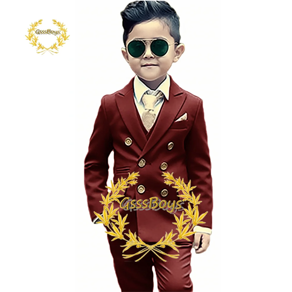 

2023 New Formal Boys Suit 2 Piece Double Breasted Jacket Pants Wedding Tuxedo Kids Peaked Collar Blazer