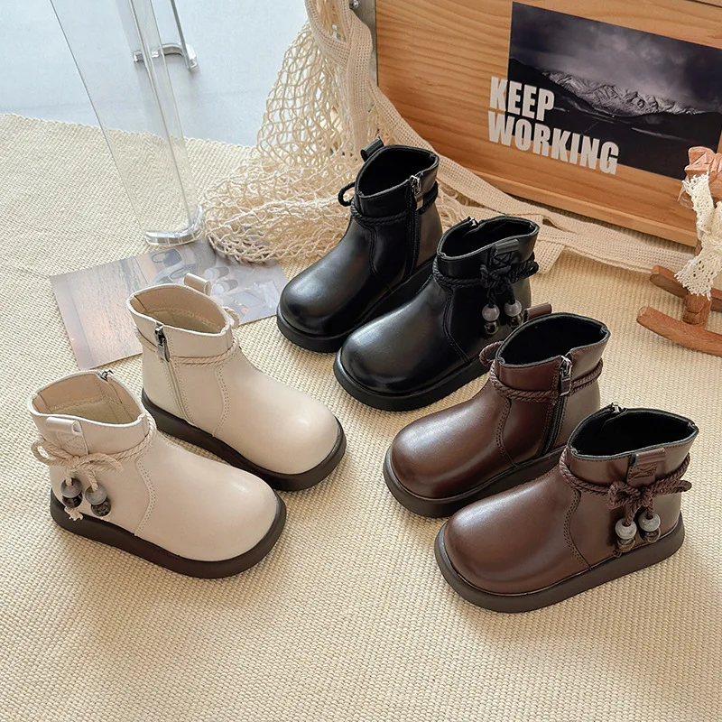 

Retro Short Fashion Boots Girls New Autumn Winter Baby Beaded Tide Zipper Flats Casual Pu Leather Footwear Size 23-35