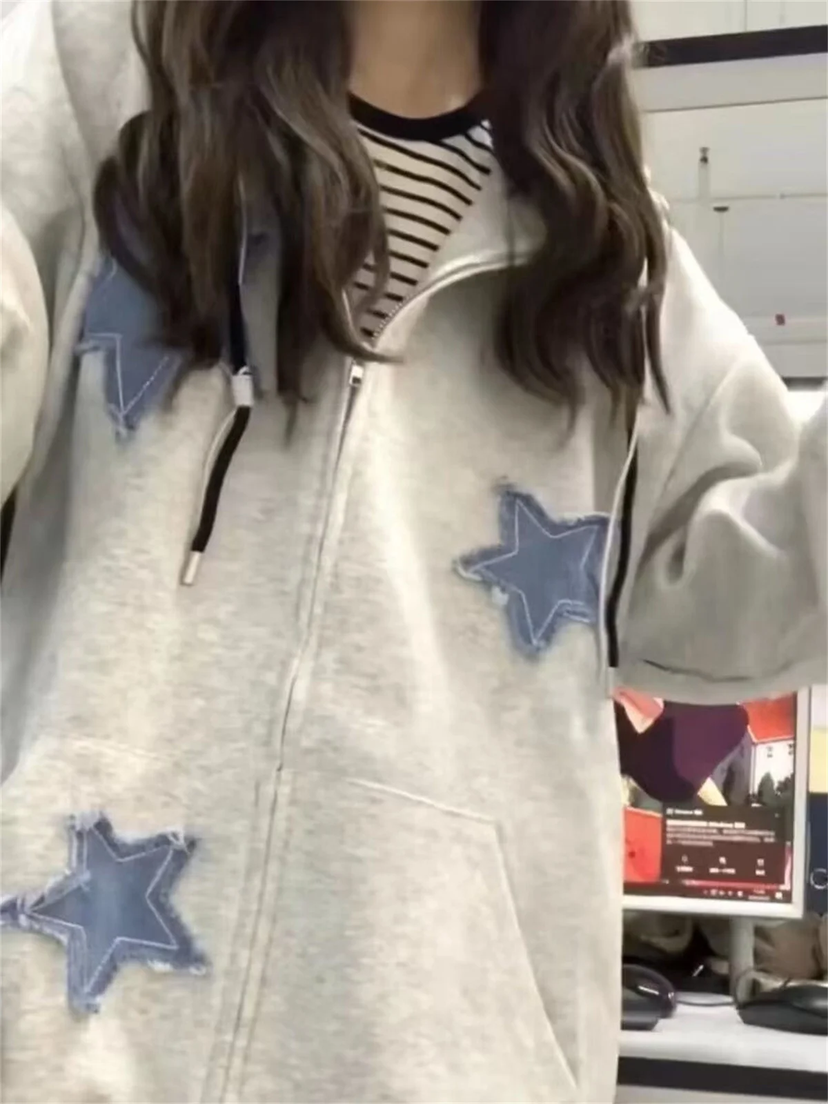 2025 New Zipper Retro Star Embroidered Hoodie Spring And Autumn Thin Collection Fashion Trends Versatile Casual Lazy Wind ﻿