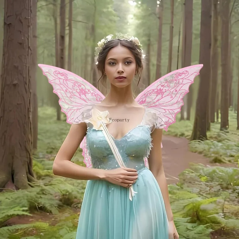 Fairy Wings voor volwassenen en meisjes, Fairy Costume Set met bloemenslinger, Fairy Hair Tinsel, Wand & Elf Ears Disfraz Mujer Party