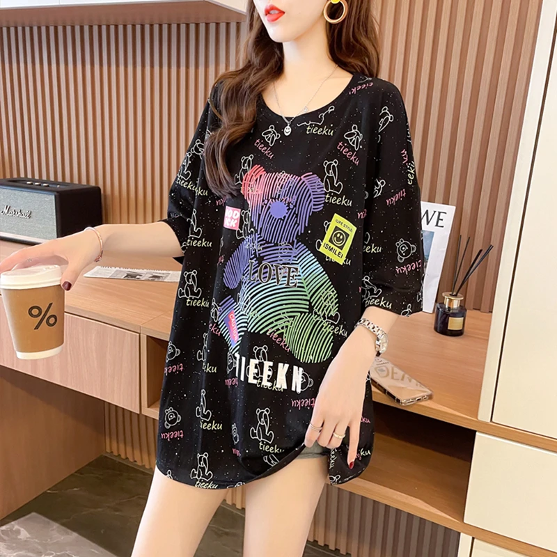 

Women's T-shirt Summer Casual Loose Tops O-neck Short Sleeve Tees Korean Girls Oversize Comic Bear Print Tshirt Ropa de mujer