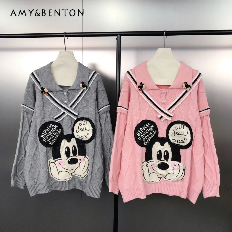 

Корейский стиль, модный тяжелый промышленный вышивка, мультяшная нашивка, забавный свободный мягкий удобный пуловер, свитер, трикотаж с длинными рукавами