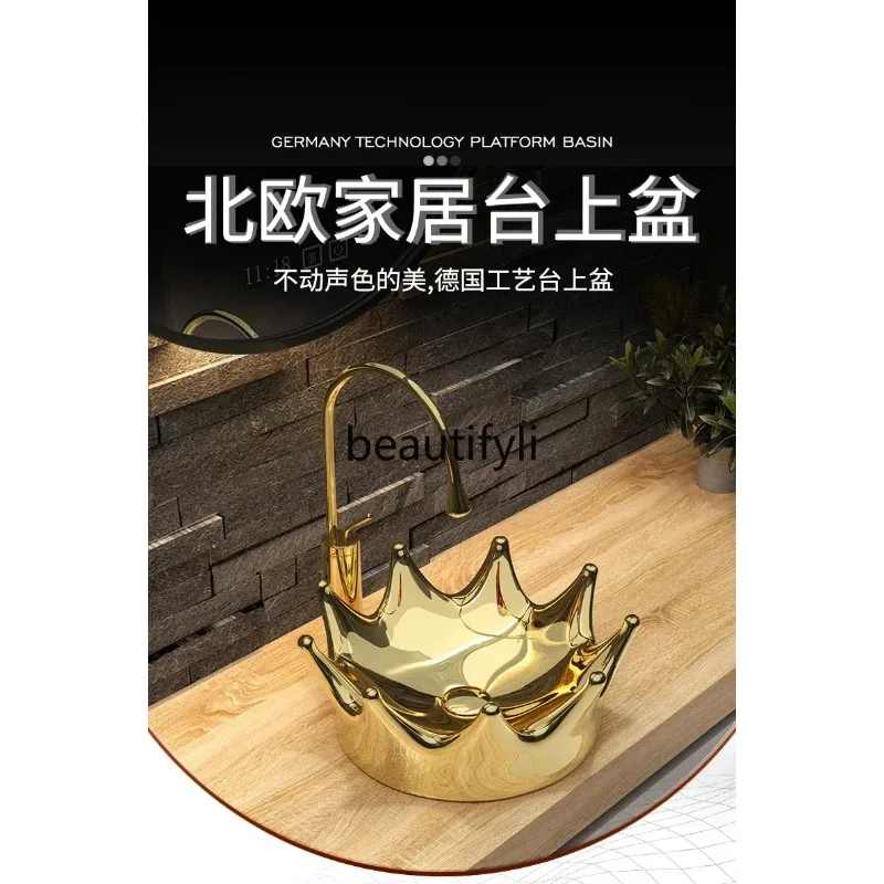 f156 창의적인 크라운 유럽식 세면대 금색 세라믹 세면대 원형 검정 세면대