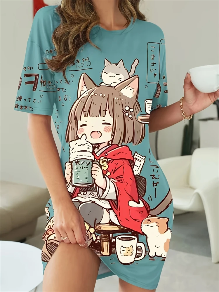Summer Women's Pretty and Cute Girls' Patterned Printed Nightgown—Loose-Fitting Casual Soft and Comfortable Dress for Home Wear