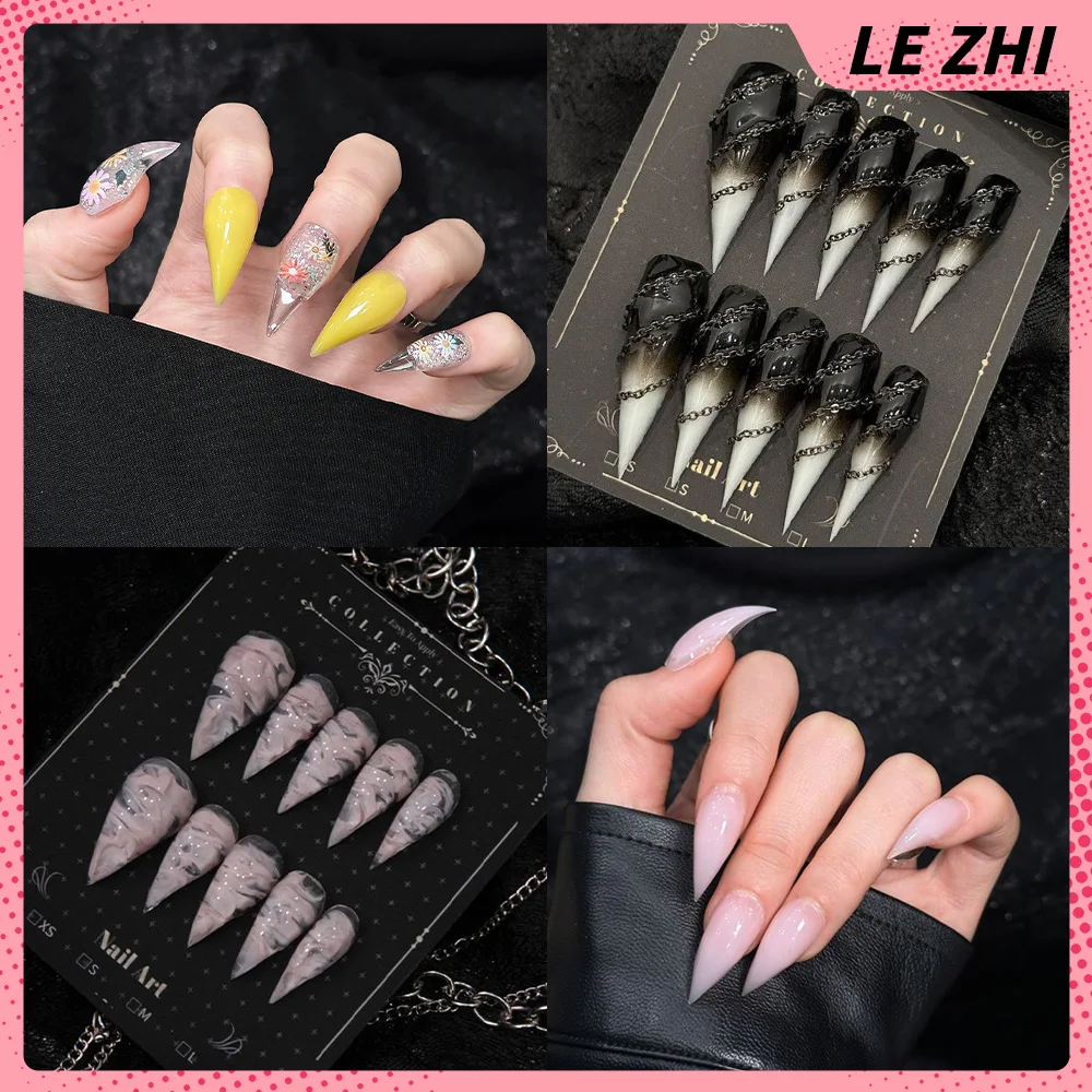 Shining Cool Spicy Girlish Style Dragon Claw Chain Long Nail Patch Bare Pink Glitter Dot Cat Claw Fake Nail Party Stickers Gift