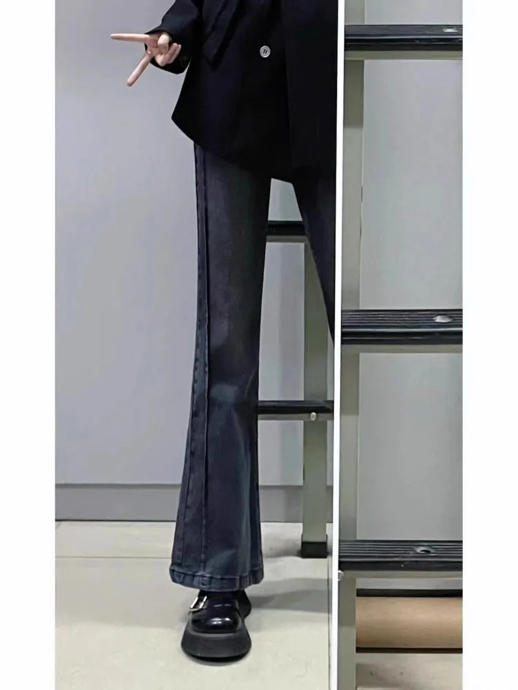 Cintura alta queimado jeans feminino elástico hip cobrindo bla ey denim calças outono novo sle plus size algodão tecido estiramento