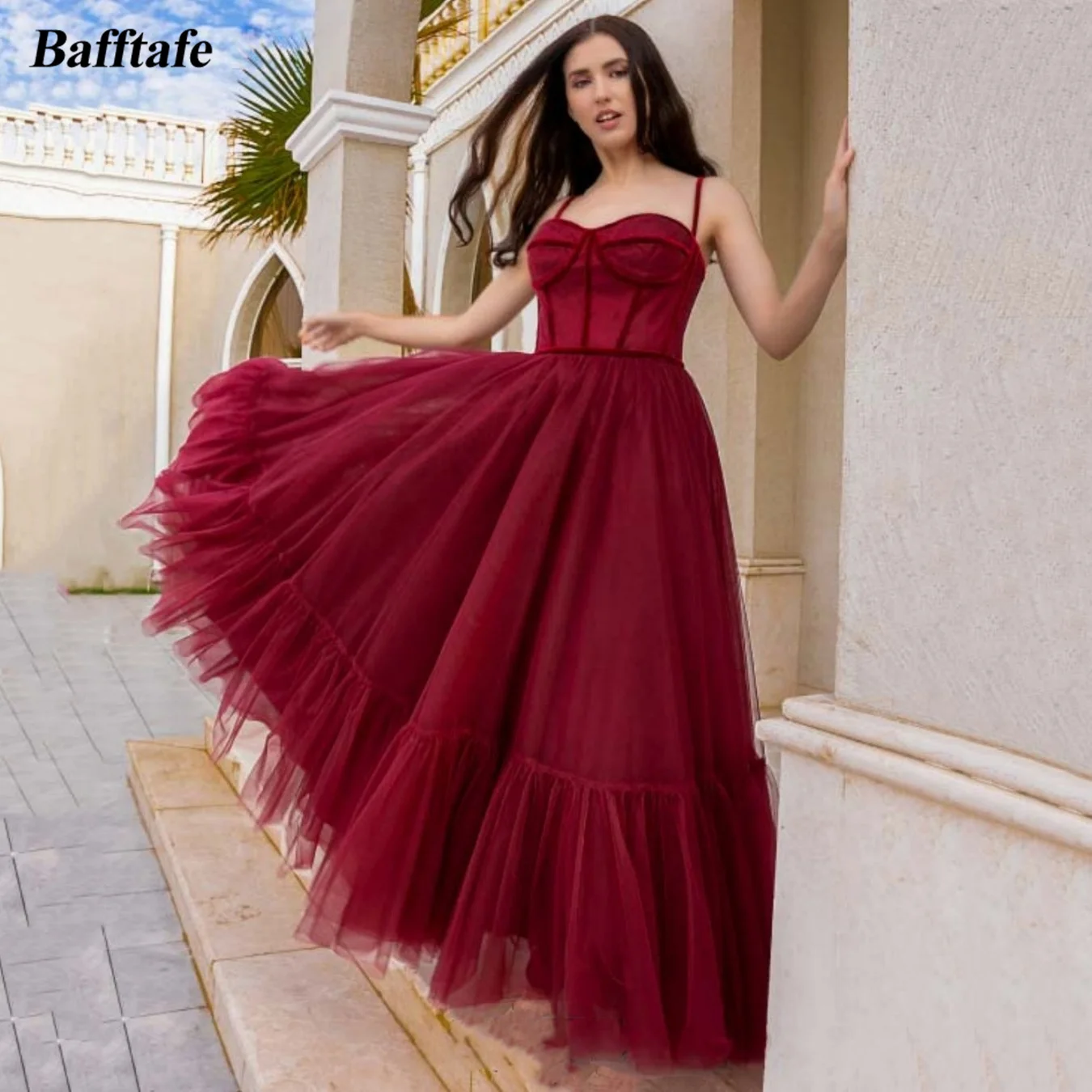 

Bafftafe Burgundy Soft TulLe Prom Dresses A Line Pleats Spaghetti Strap Women Evening Party Gowns Event Special Occasion Dress